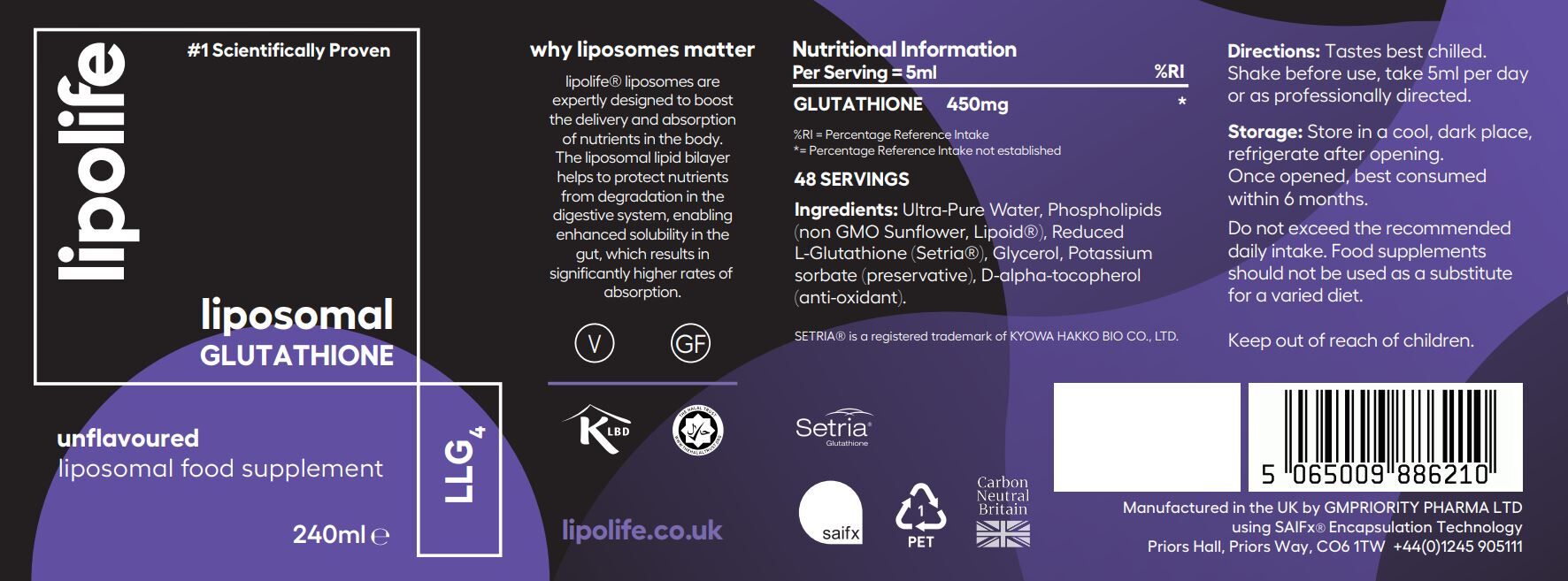 LLG4 Liposomal Glutathione (Unflavoured) 240ml - Lipolife - Image 2