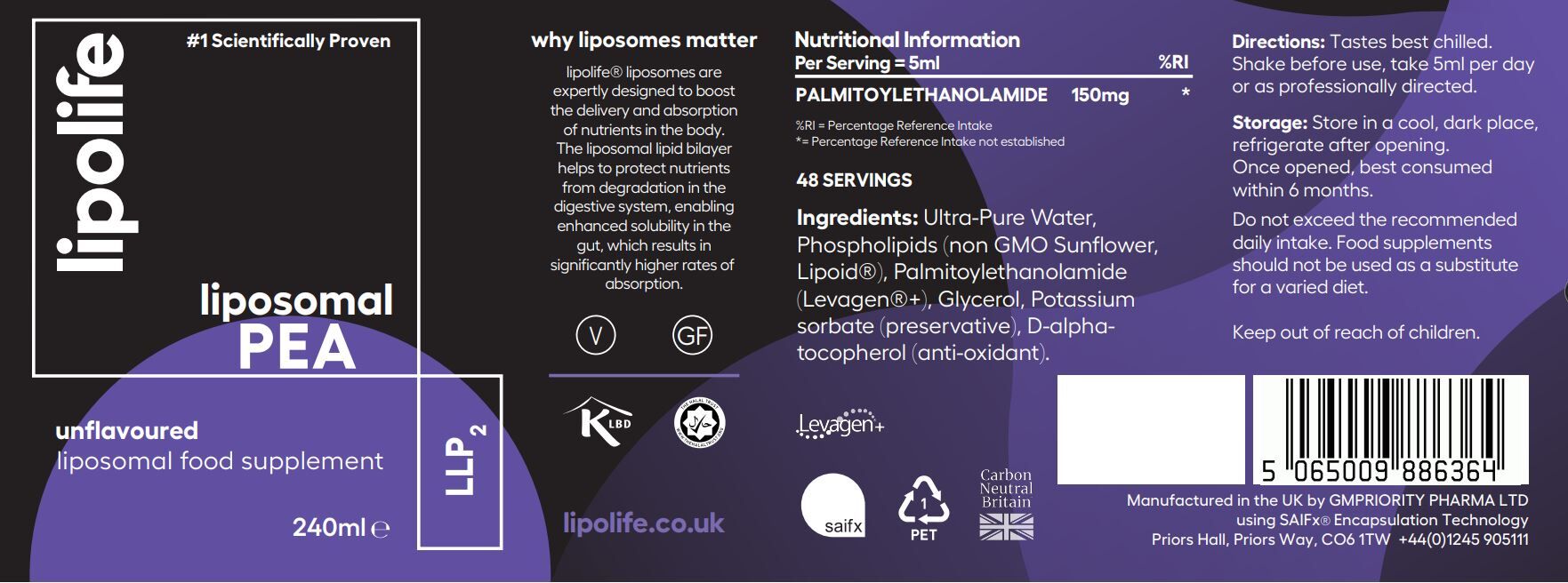 LLP2 - PEA (Palmitoylethanolamide), 240ml - Lipolife - Image 2